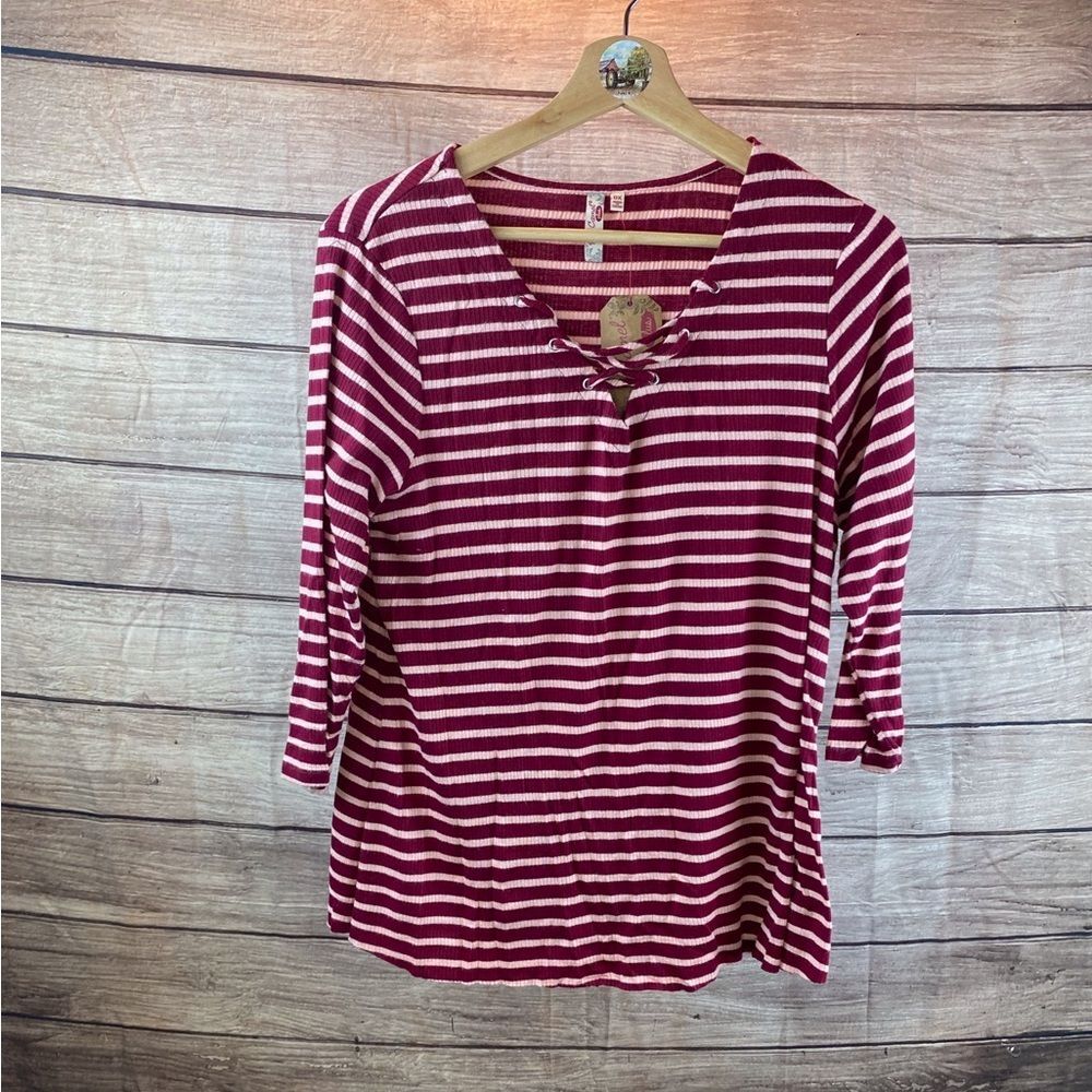 Red Camel Burgundy & White Striped Lace-Up Long Sleeve Top